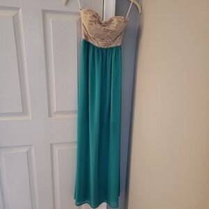 Wendye Chaitin Boho Teal Lace Strapless Maxi Dress Small